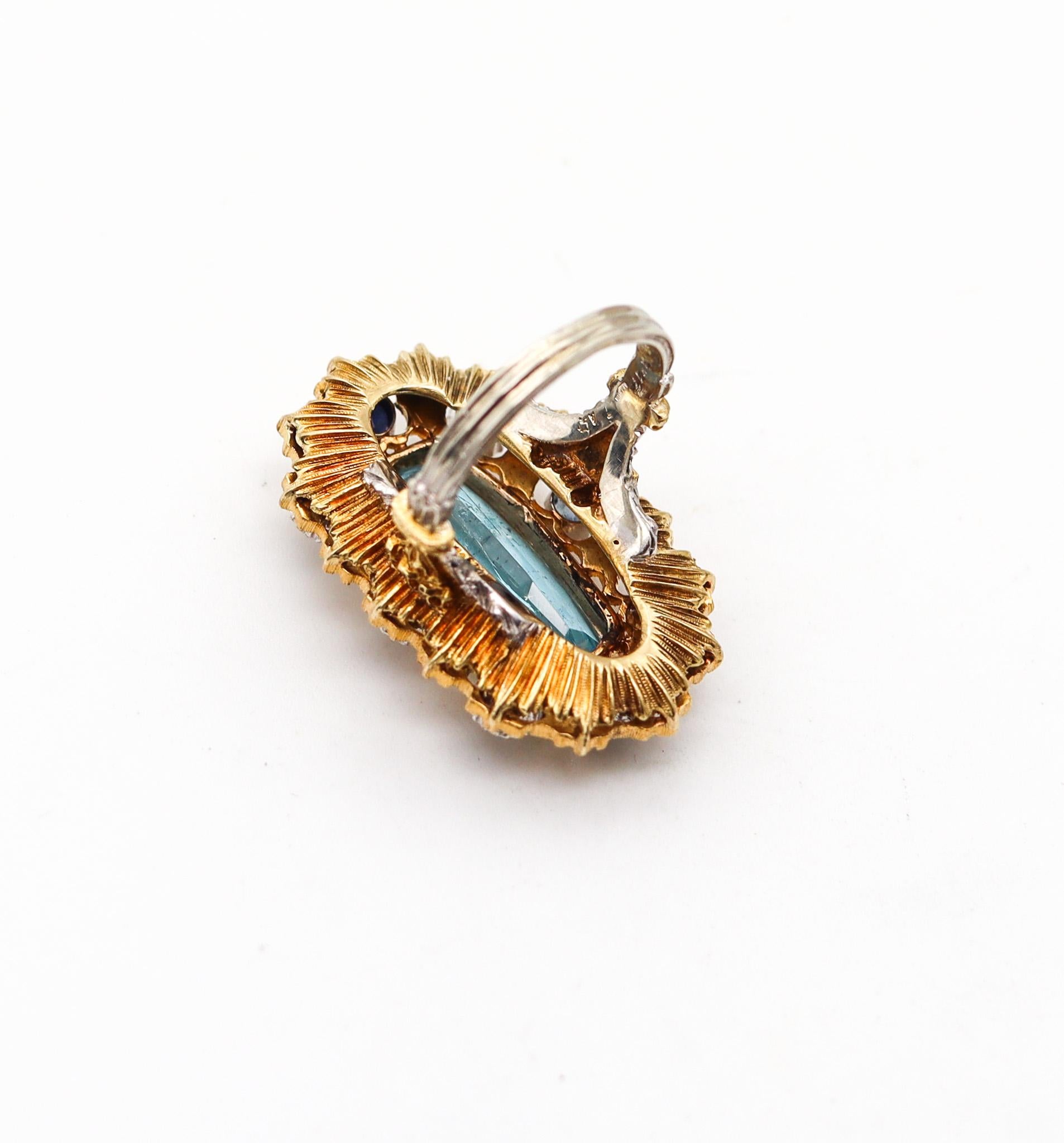 Mixed Cut Mario Buccellati 1970 Milano Ring 18Kt Gold With 7.05 Ctw Aquamarine & Sapphires For Sale