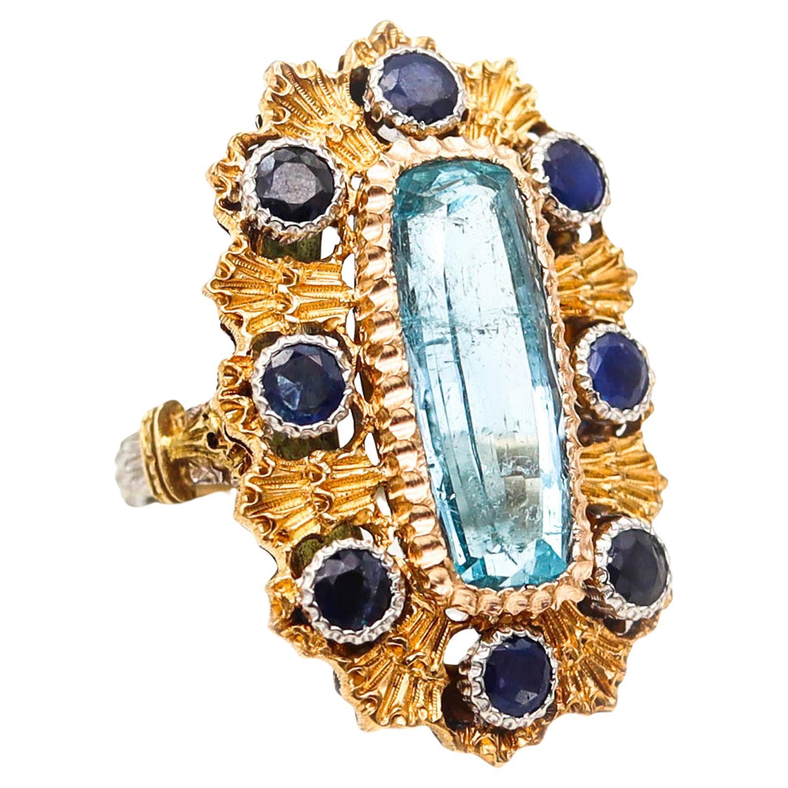 Mario Buccellati 1970 Milano Ring 18Kt Gold With 7.05 Ctw Aquamarine & Sapphires For Sale