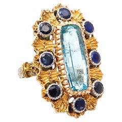 Vintage Mario Buccellati 1970 Milano Ring 18Kt Gold With 7.05 Ctw Aquamarine & Sapphires