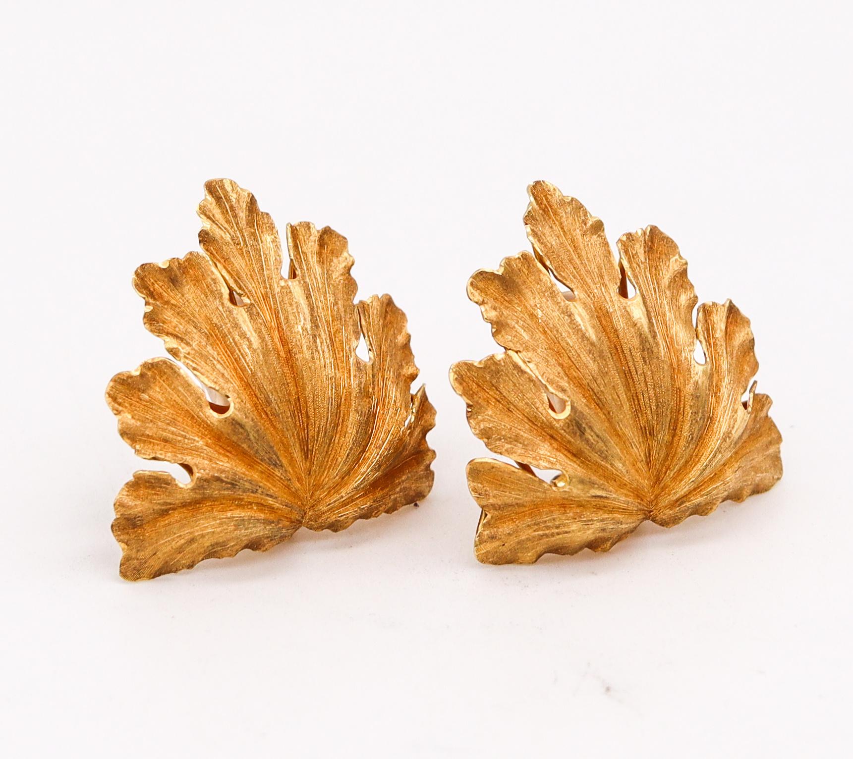 Leafs earrings designed by Buccellati.

Beautiful oversized clips-on earrings, made in Milan Italy by the famous jewelry house of Buccellati, back in the late 1970's. These rare pieces were designed with a baroque revival style in the shape of an