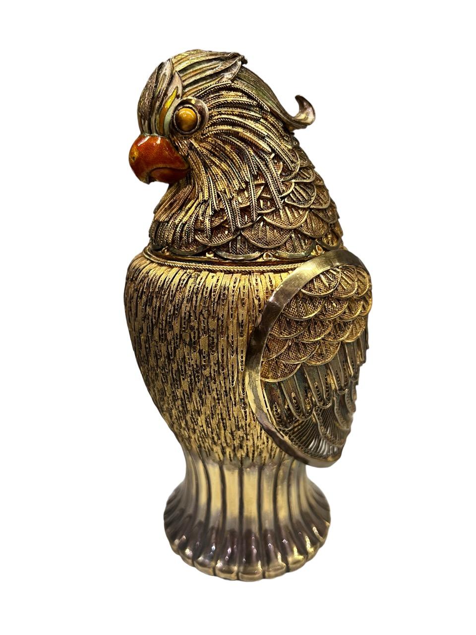 Mario Buccellati, 20th Century Silver-Gilt and Enamel Jar Depicting a Parrot 12