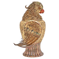 Mario Buccellati, 20th Century Silver-Gilt and Enamel Jar Depicting a Parrot