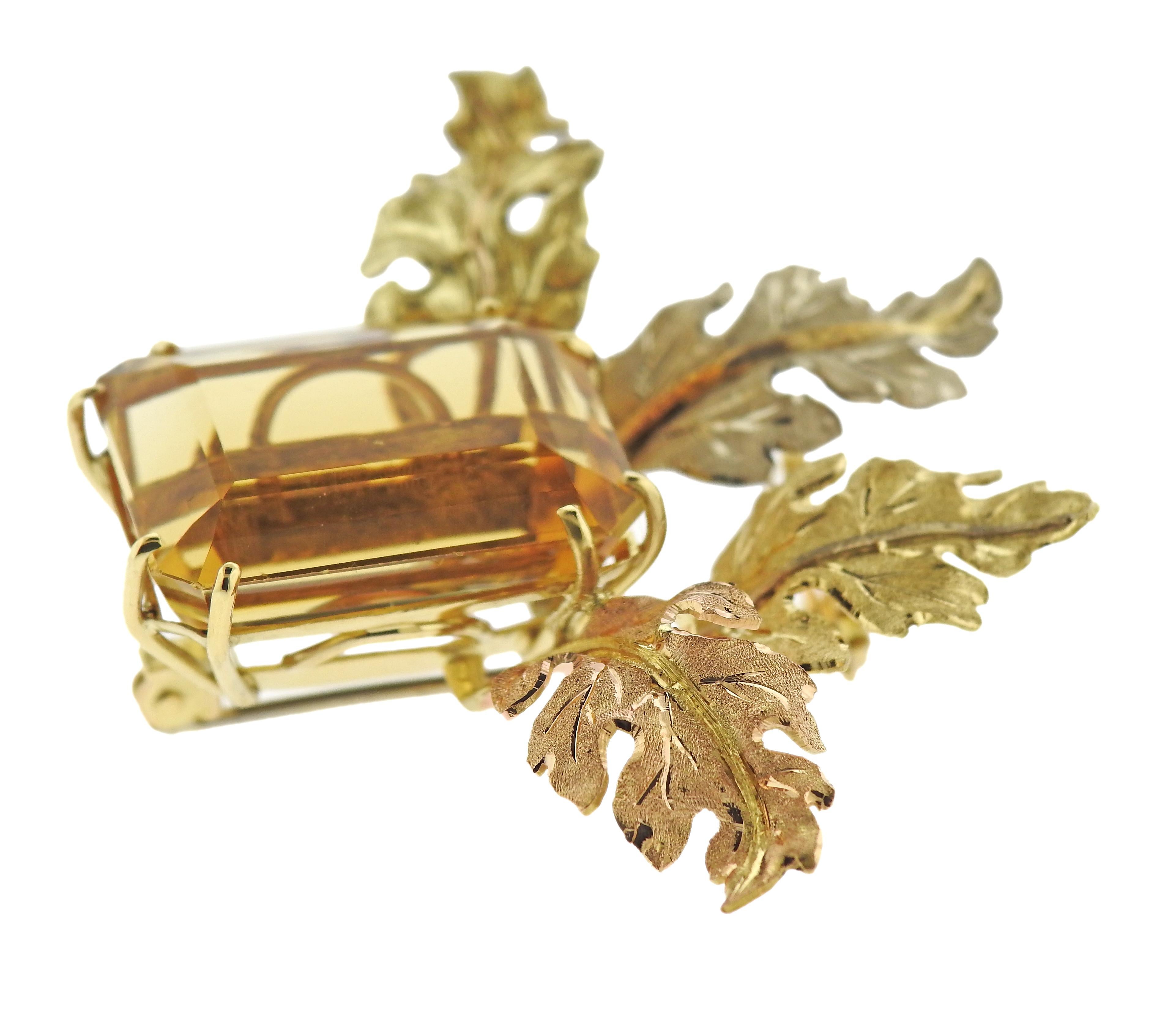 Emerald Cut Mario Buccellati 33 Carat Citrine Gold Leaf Brooch