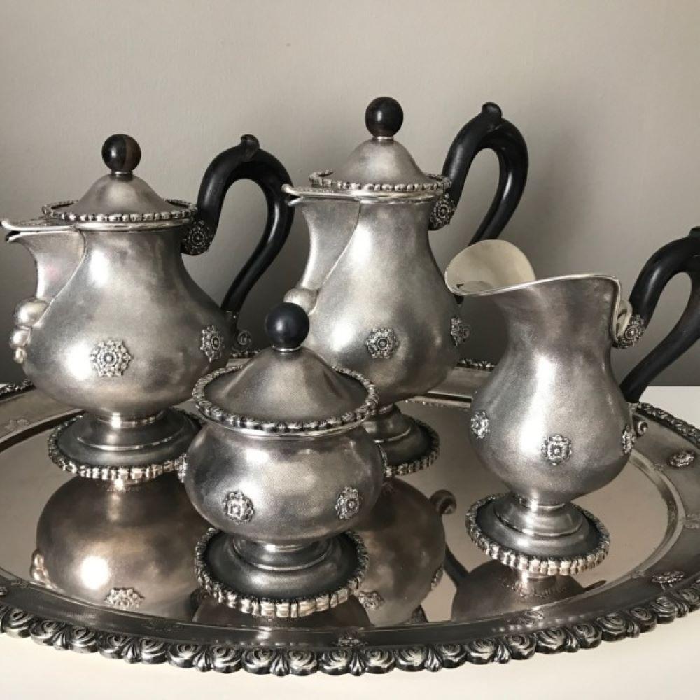 Mario Buccellati 800 silver coffee tea service with tray.

The set was acquired from a single owner who bought it from the Buccellati store in the 1970’s. The surface of the silver has a special technique that only Buccellati mastered. It is