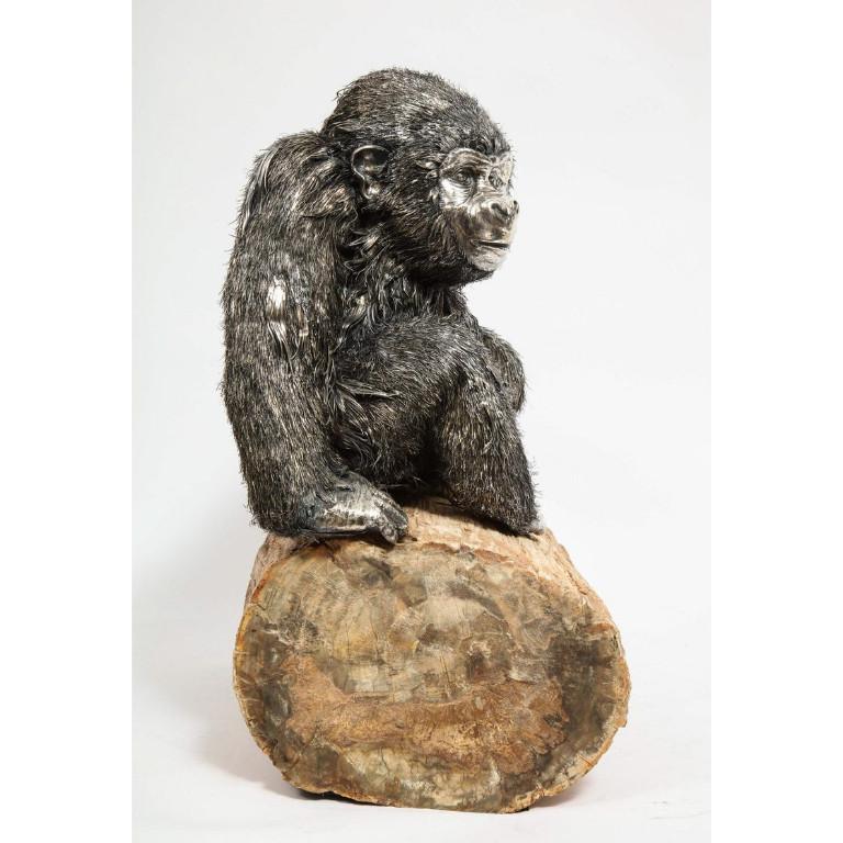 Mario Buccellati, a Rare and Exceptional Italian Silver Gorilla Monkey on Base In Good Condition In New York, NY