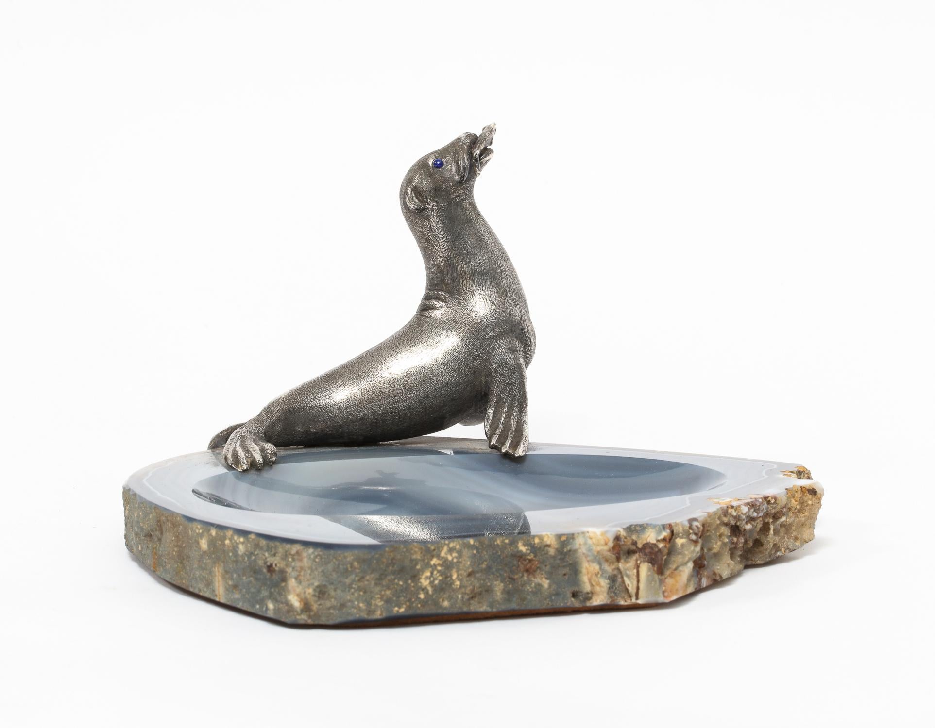 Italian Mario Buccellati, a Rare Ashtray with Silver Seated Seal Mounted on Blue Agate