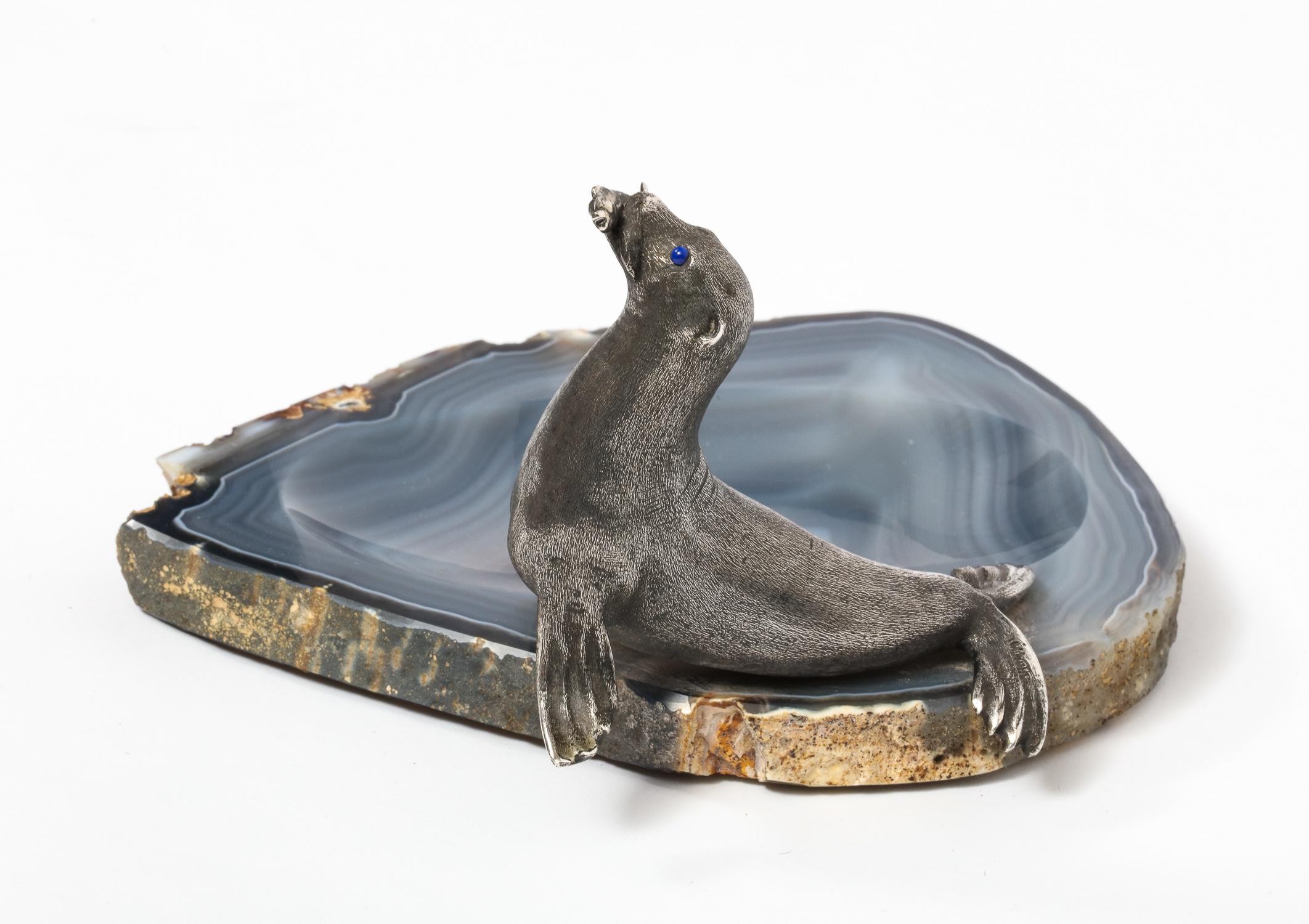 20th Century Mario Buccellati, a Rare Ashtray with Silver Seated Seal Mounted on Blue Agate