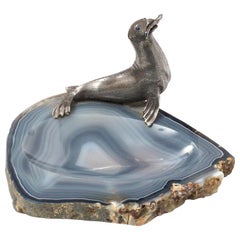 Cendrier rare Mario Buccellati avec sceau assis en argent monté sur agate bleue