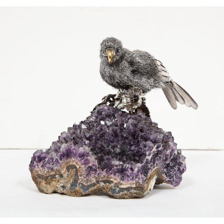 Mario Buccellati, an Exceptional Italian Silver Parrot on Amethyst In Excellent Condition In New York, NY