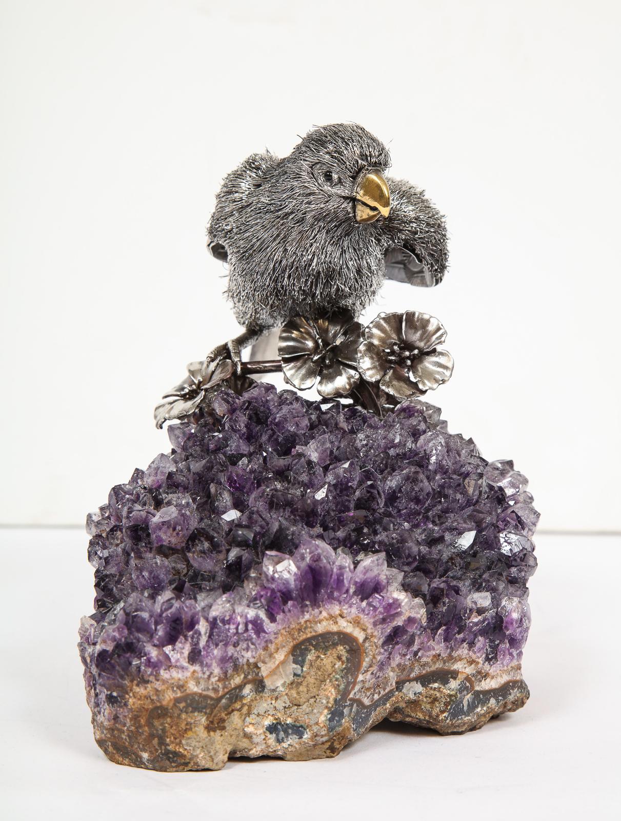 20th Century Mario Buccellati, an Exceptional Italian Silver Parrot on Amethyst