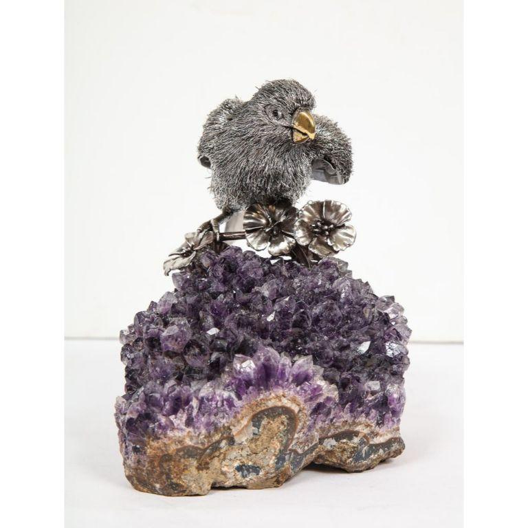 Women's or Men's Mario Buccellati, an Exceptional Italian Silver Parrot on Amethyst
