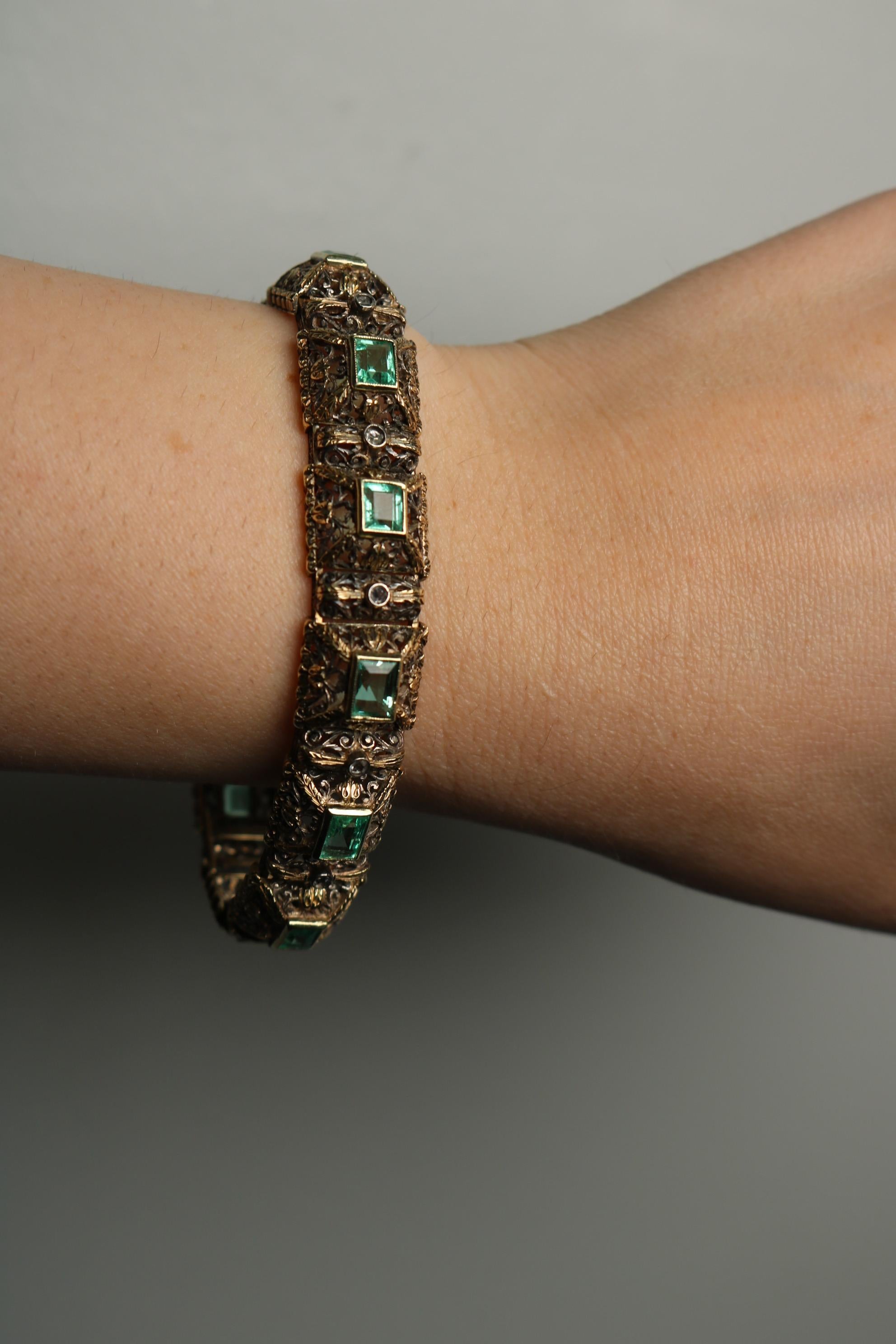 Mario Buccellati Emerald Diamonds Bracelet 18K Gold and Silver With ~5.43ct For Sale 10