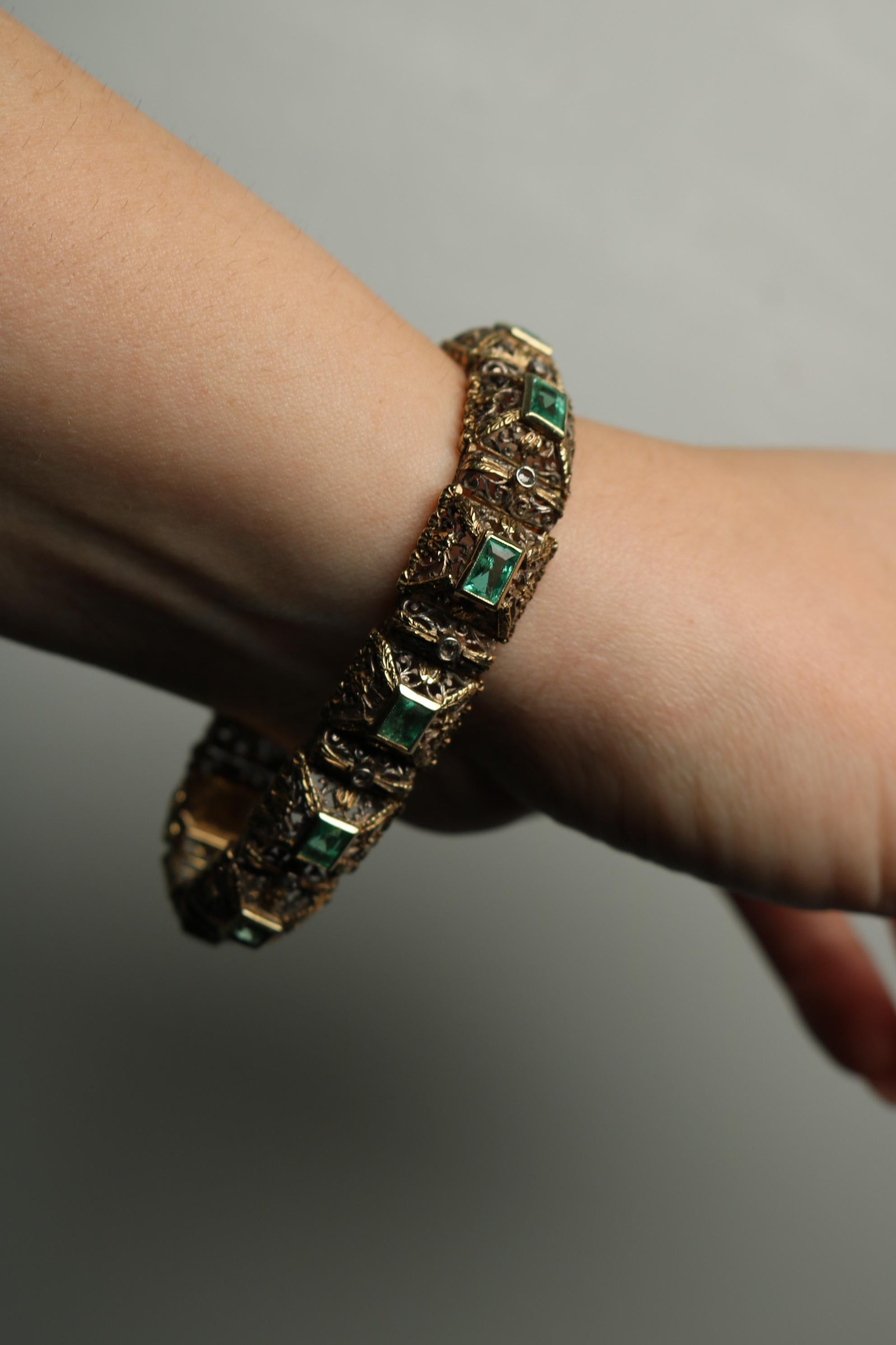 Mario Buccellati Emerald Diamonds Bracelet 18K Gold and Silver With ~5.43ct For Sale 11