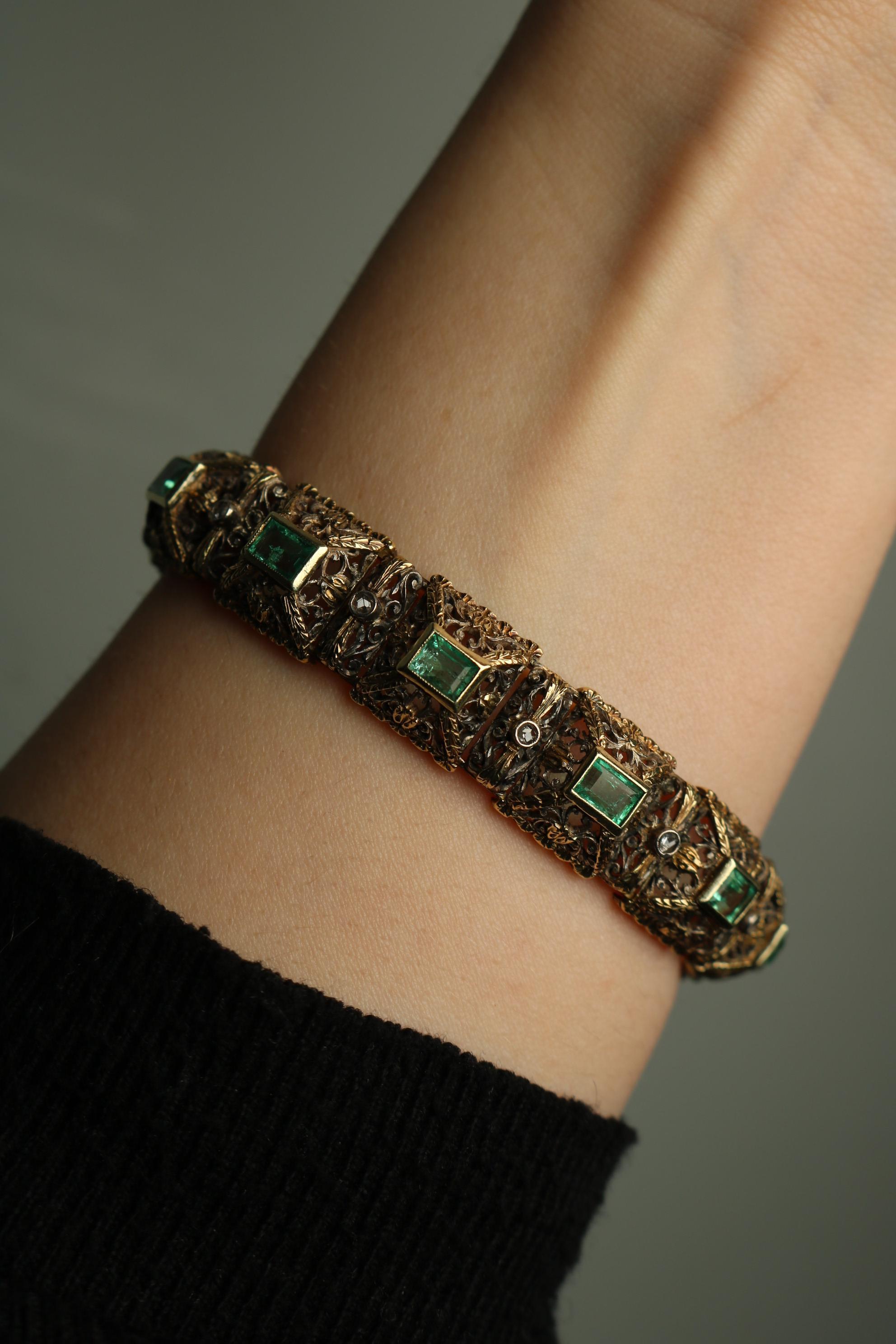 Emerald Cut Mario Buccellati Emerald Diamonds Bracelet 18K Gold and Silver With ~5.43ct For Sale
