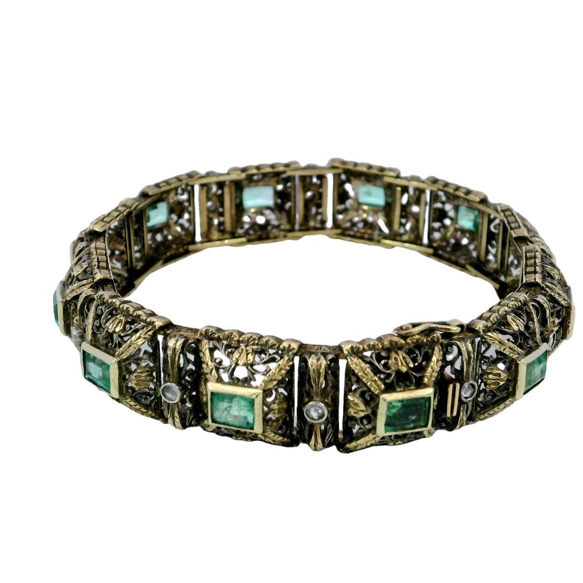 Mario Buccellati Emerald Diamonds Bracelet 18K Gold and Silver With ~5.43ct For Sale 3