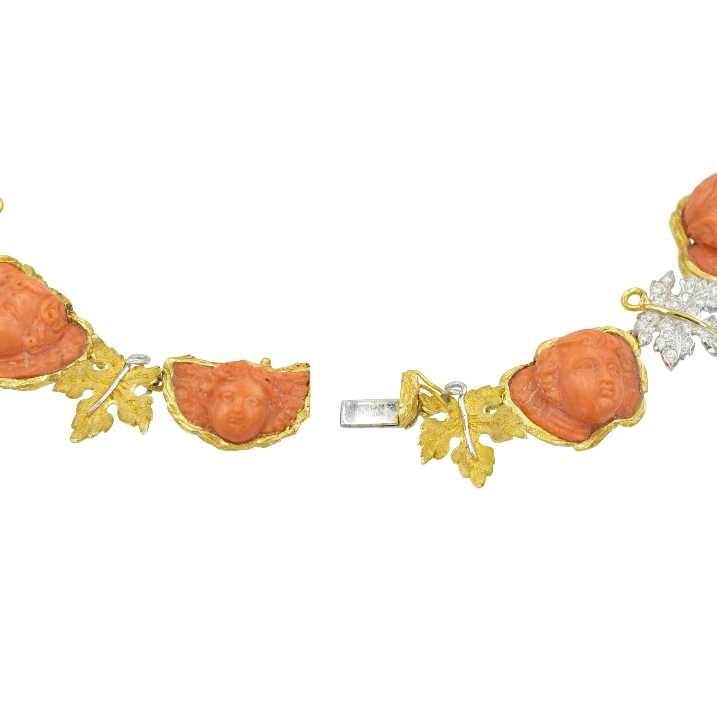 Mario Buccellati Carved Coral and Diamond Necklace in 18k Yellow Gold For Sale 1
