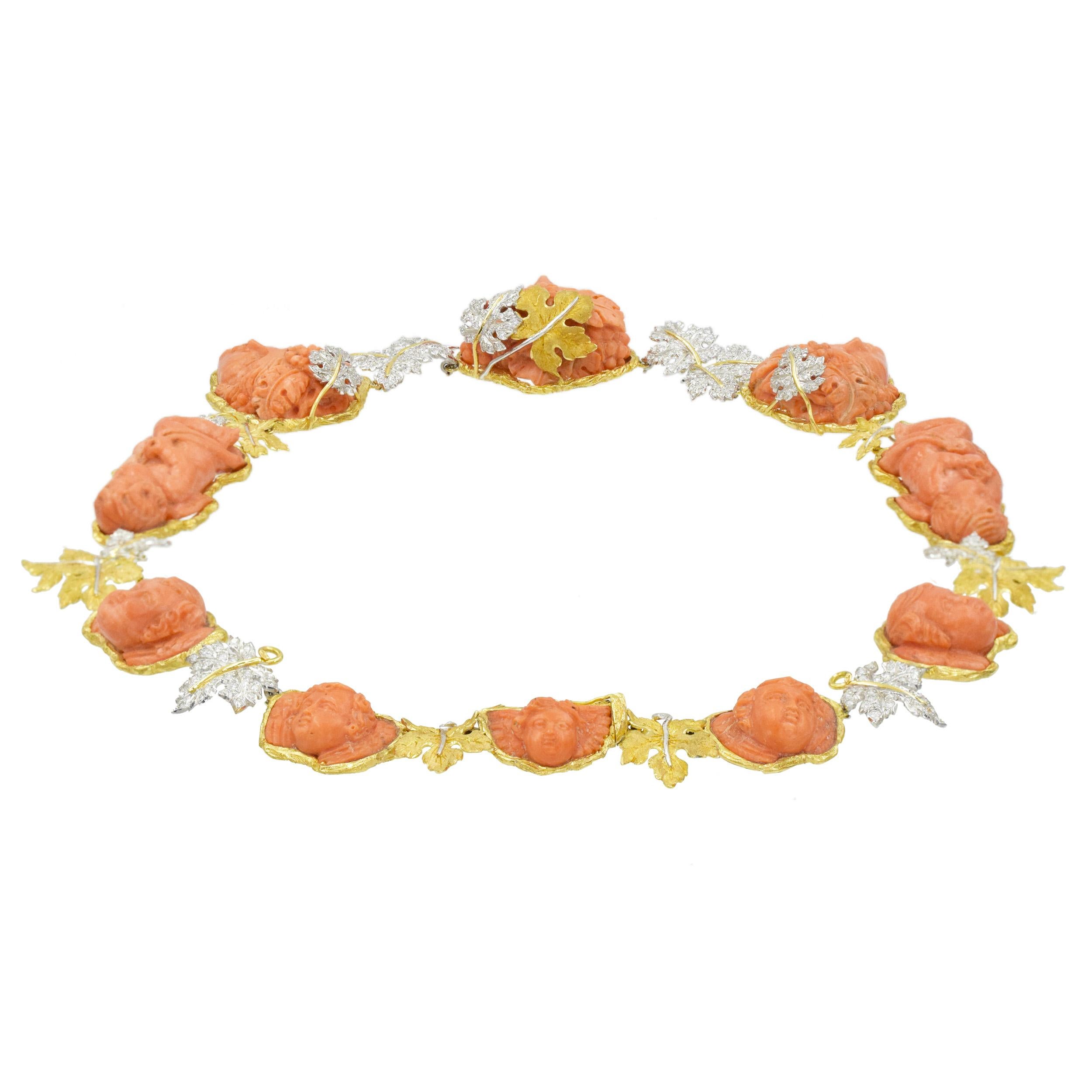 Mario Buccellati Carved Coral and Diamond Necklace in 18k Yellow Gold For Sale 2