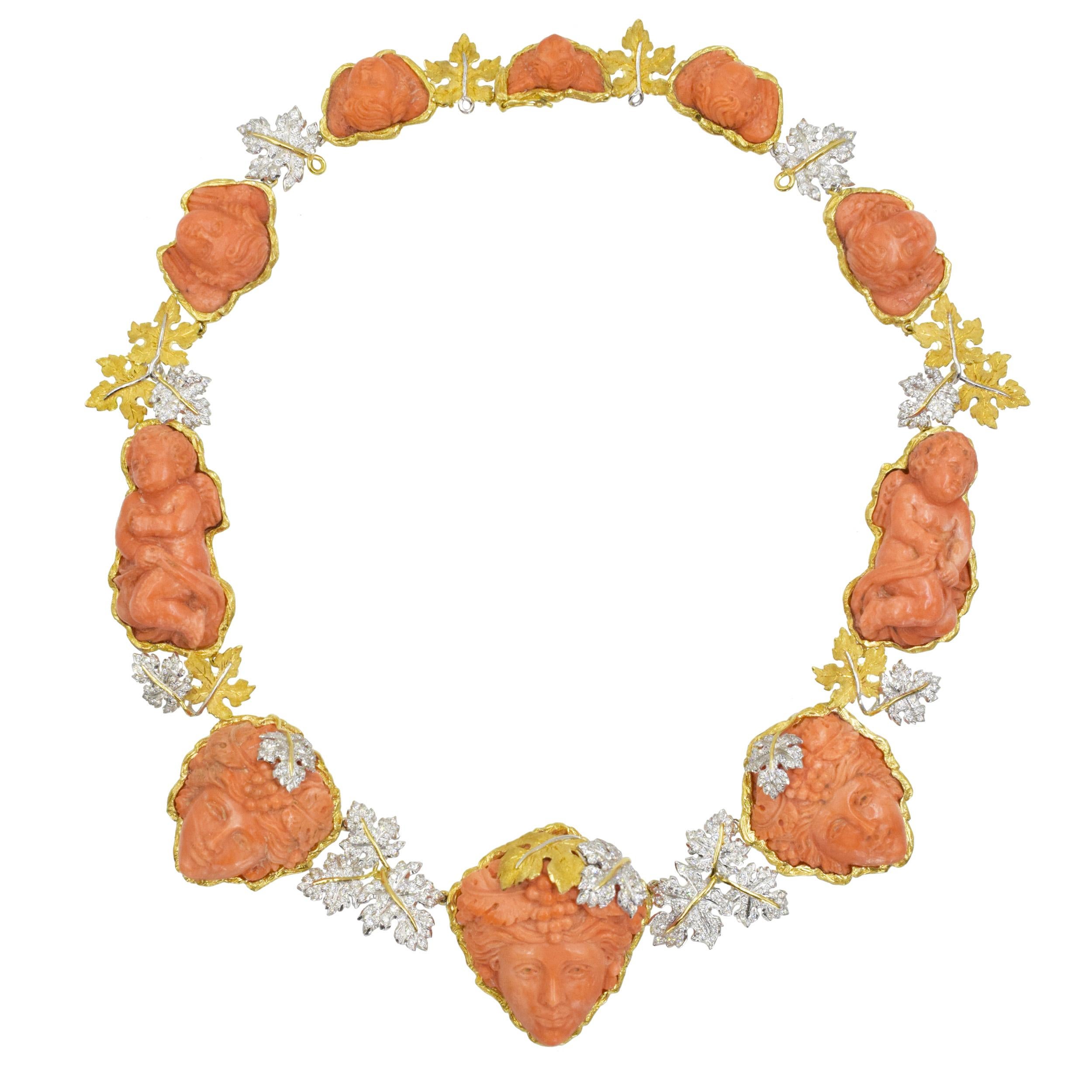 Mario Buccellati coral and diamond necklace in 18k yellow gold. 
The necklace consists of 10 sculpted red coral links; 3 links feature female face, 2 feature full body of an angel , 5 of them feature angel face with wings. The sculptures are framed