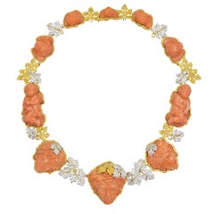 Mario Buccellati Carved Coral and Diamond Necklace in 18k Yellow Gold