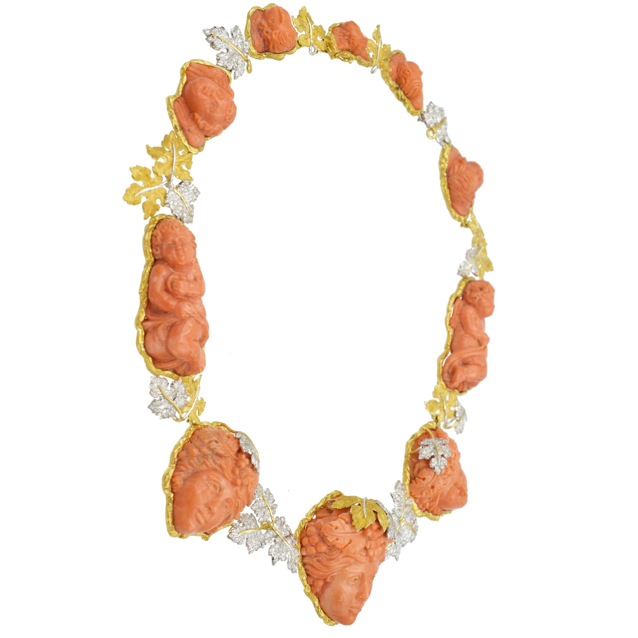 Artist Mario Buccellati Carved Coral and Diamond Necklace in 18k Yellow Gold For Sale