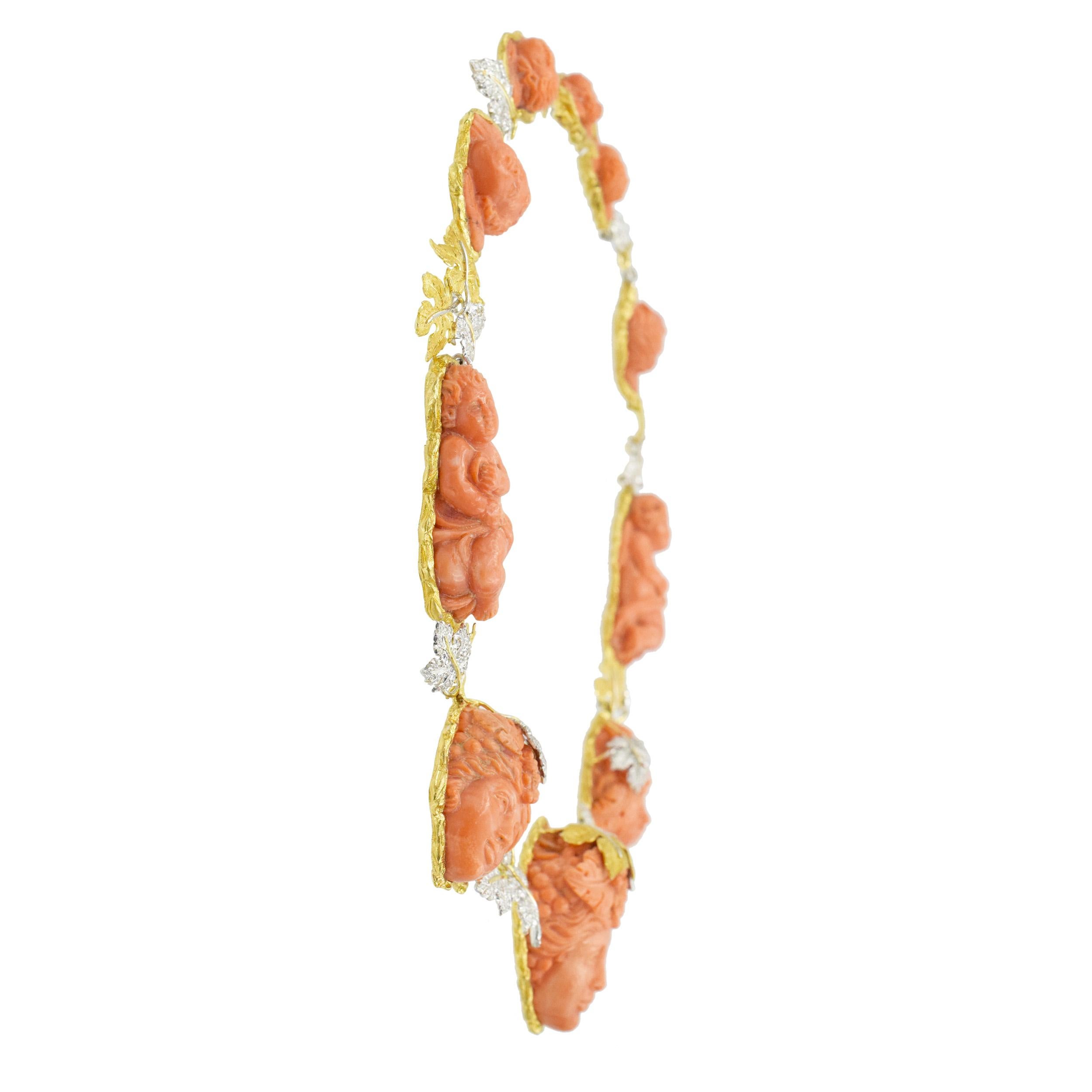 Round Cut Mario Buccellati Carved Coral and Diamond Necklace in 18k Yellow Gold For Sale