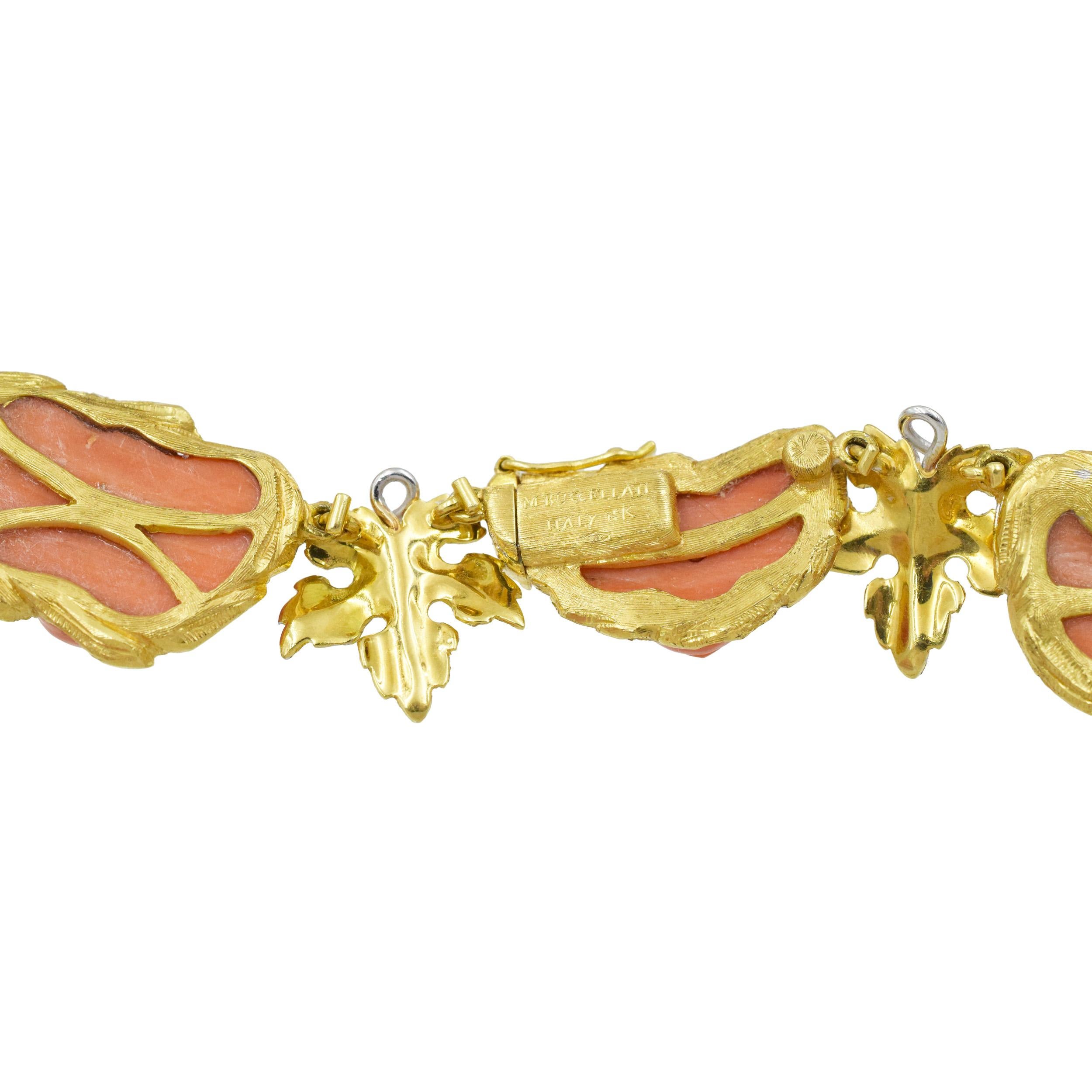 Women's Mario Buccellati Carved Coral and Diamond Necklace in 18k Yellow Gold For Sale