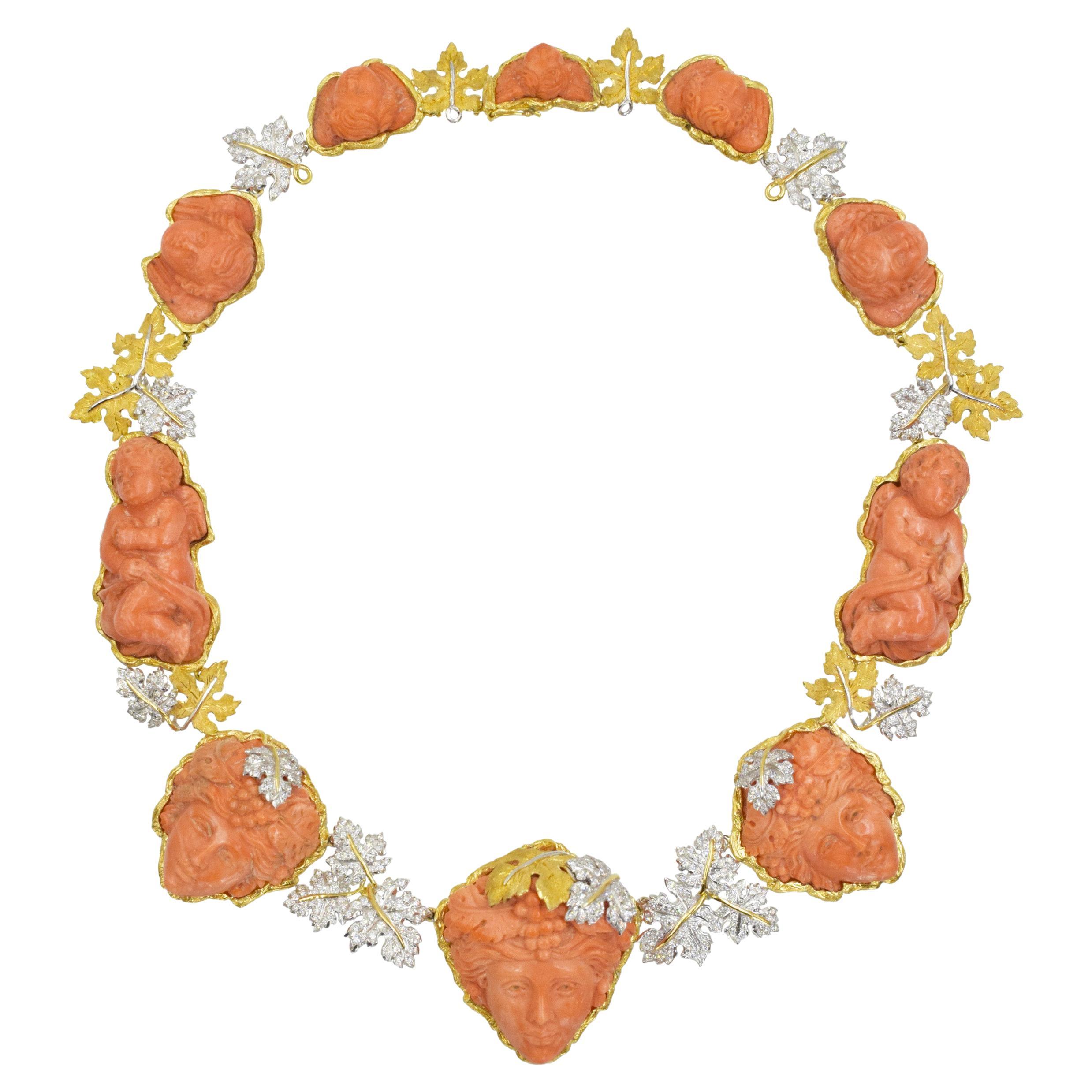 Mario Buccellati Carved Coral and Diamond Necklace in 18k Yellow Gold For Sale