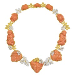 Vintage Mario Buccellati Carved Coral and Diamond Necklace in 18k Yellow Gold