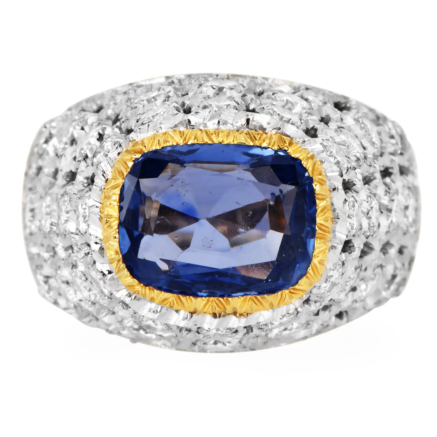 Mario Buccellati Vintage 1950s Two-Tone Gold Dome Ring – Unheated Ceylon Sapphire & Diamond

A rare and exquisite jewel from the legendary Mario Buccellati, this vintage circa 1950s dome ring is a masterful display of Italian artistry and