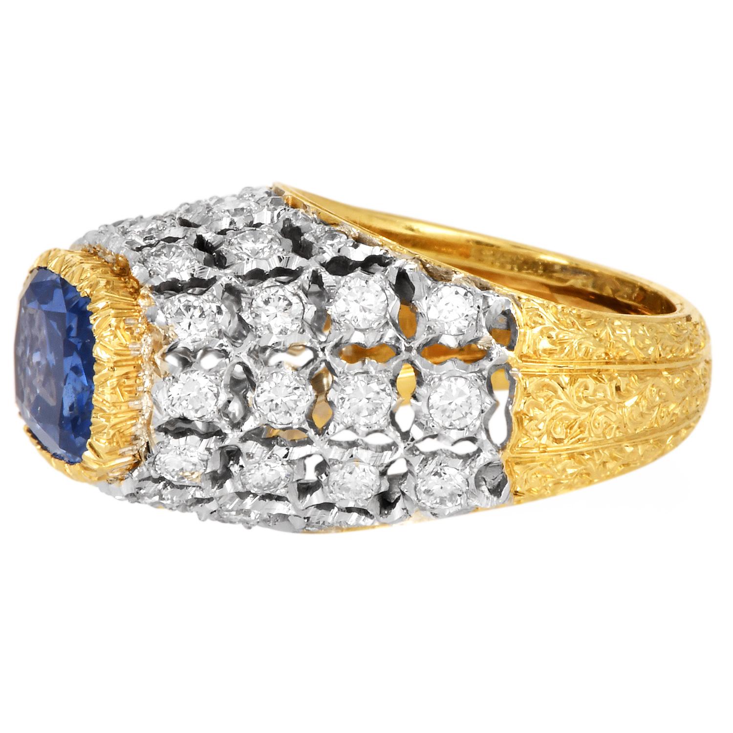 Mario Buccellati Ceylon Sapphire Diamond 18K Dome Ring In Excellent Condition For Sale In Miami, FL