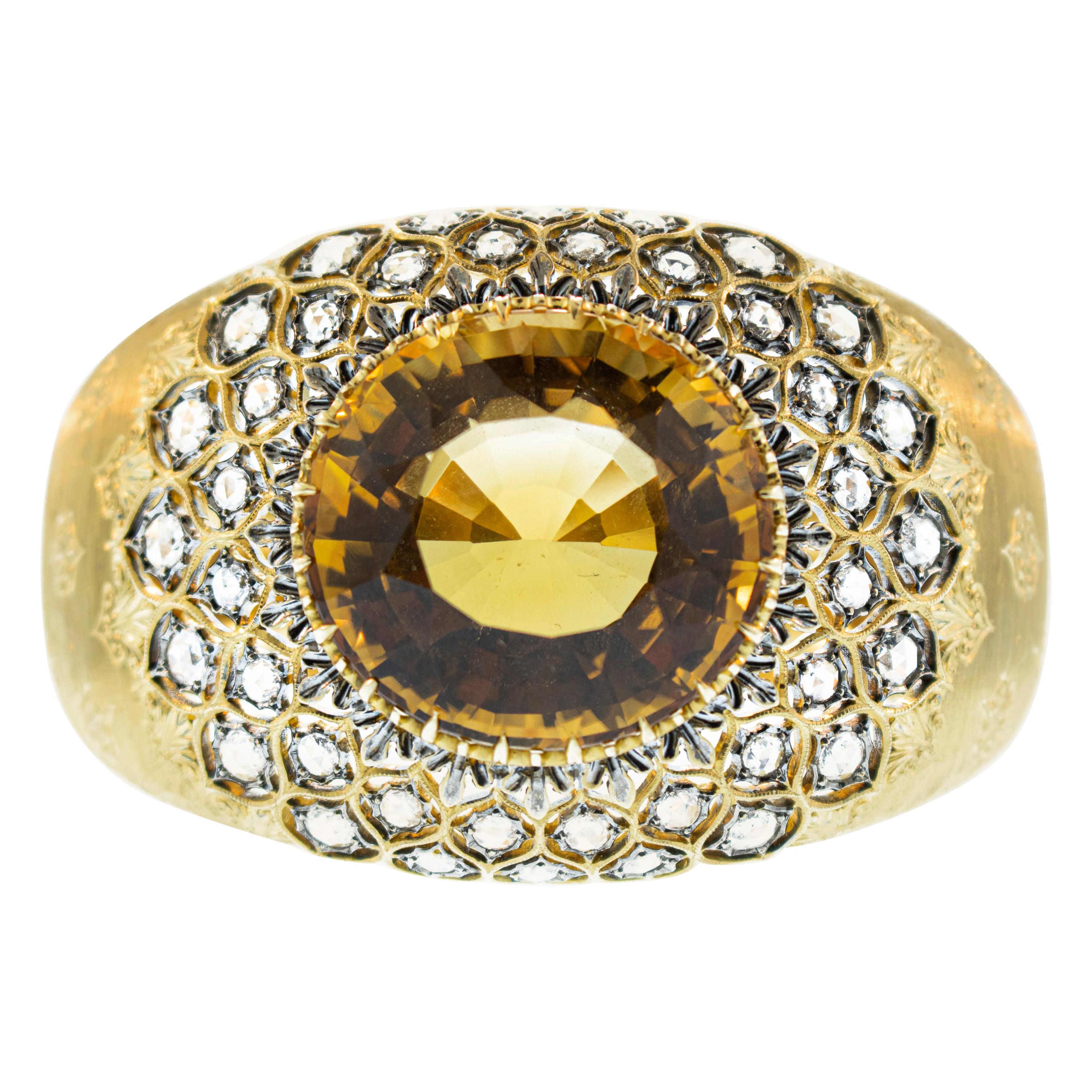 Mario Buccellati Citrine Diamond 18 Karat Florentine Gold Bangle Cuff Bracelet