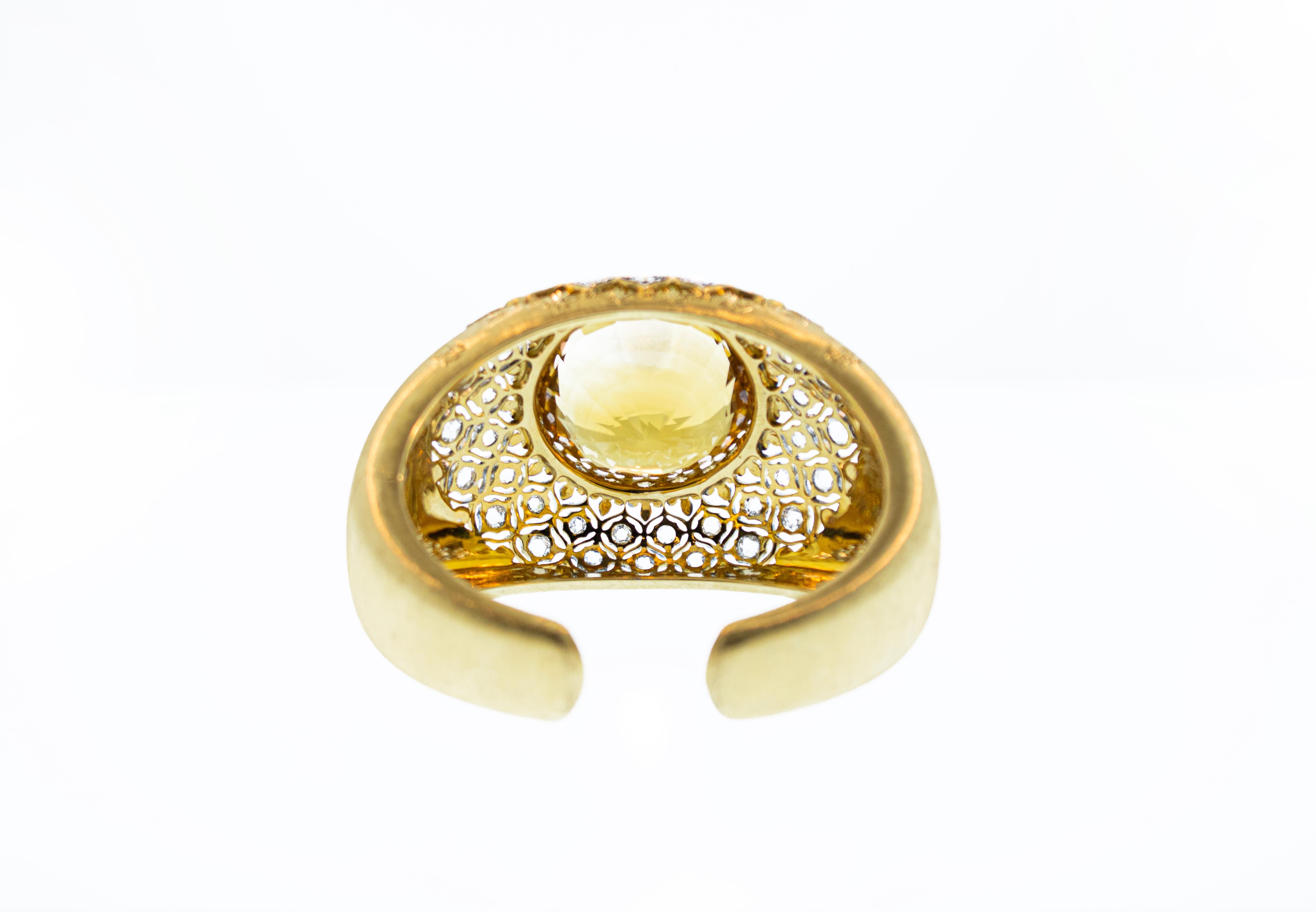 Artisan Mario Buccellati Citrine Diamond 18 Karat Florentine Gold Bangle Cuff Bracelet