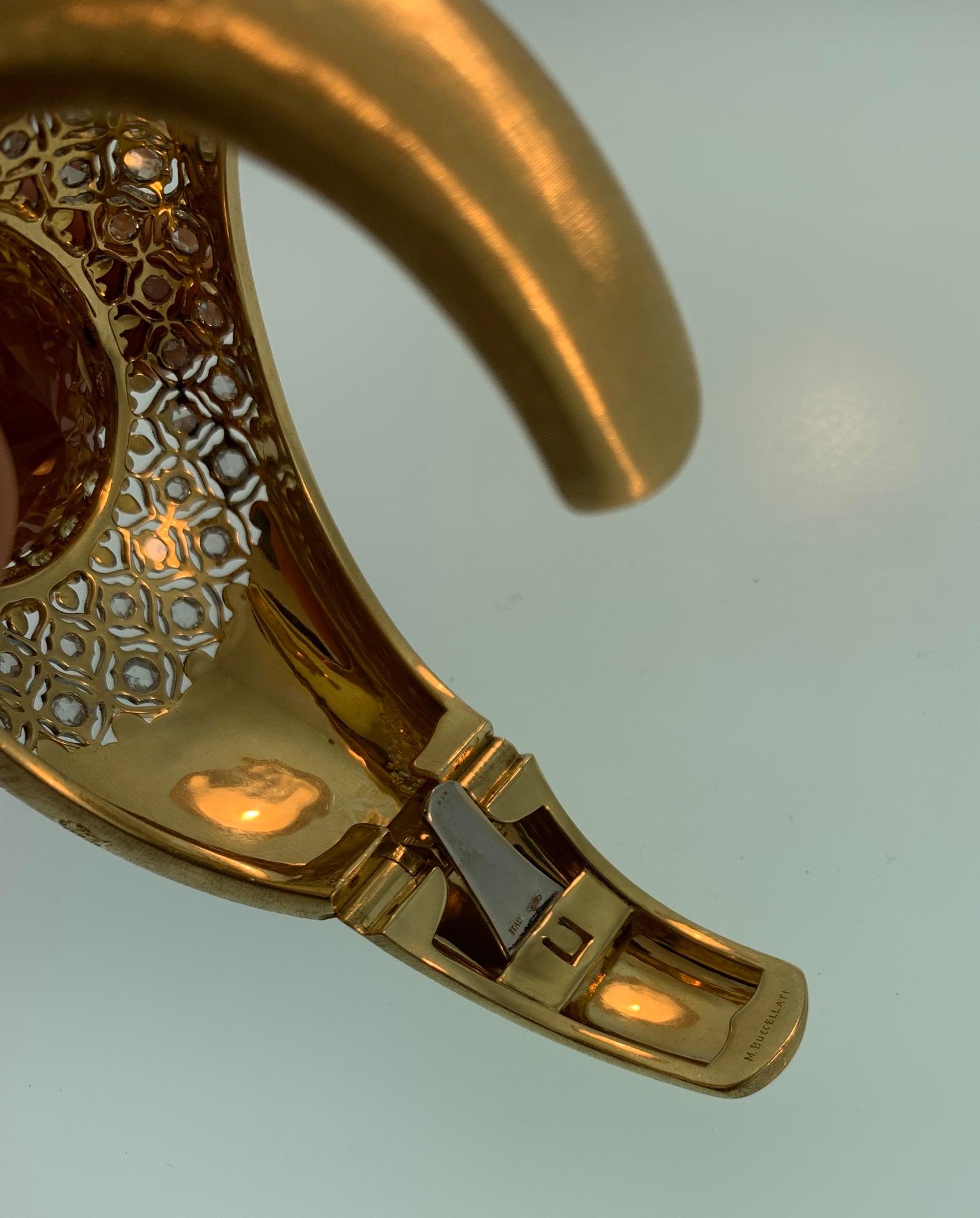 Round Cut Mario Buccellati Citrine Diamond 18 Karat Florentine Gold Bangle Cuff Bracelet