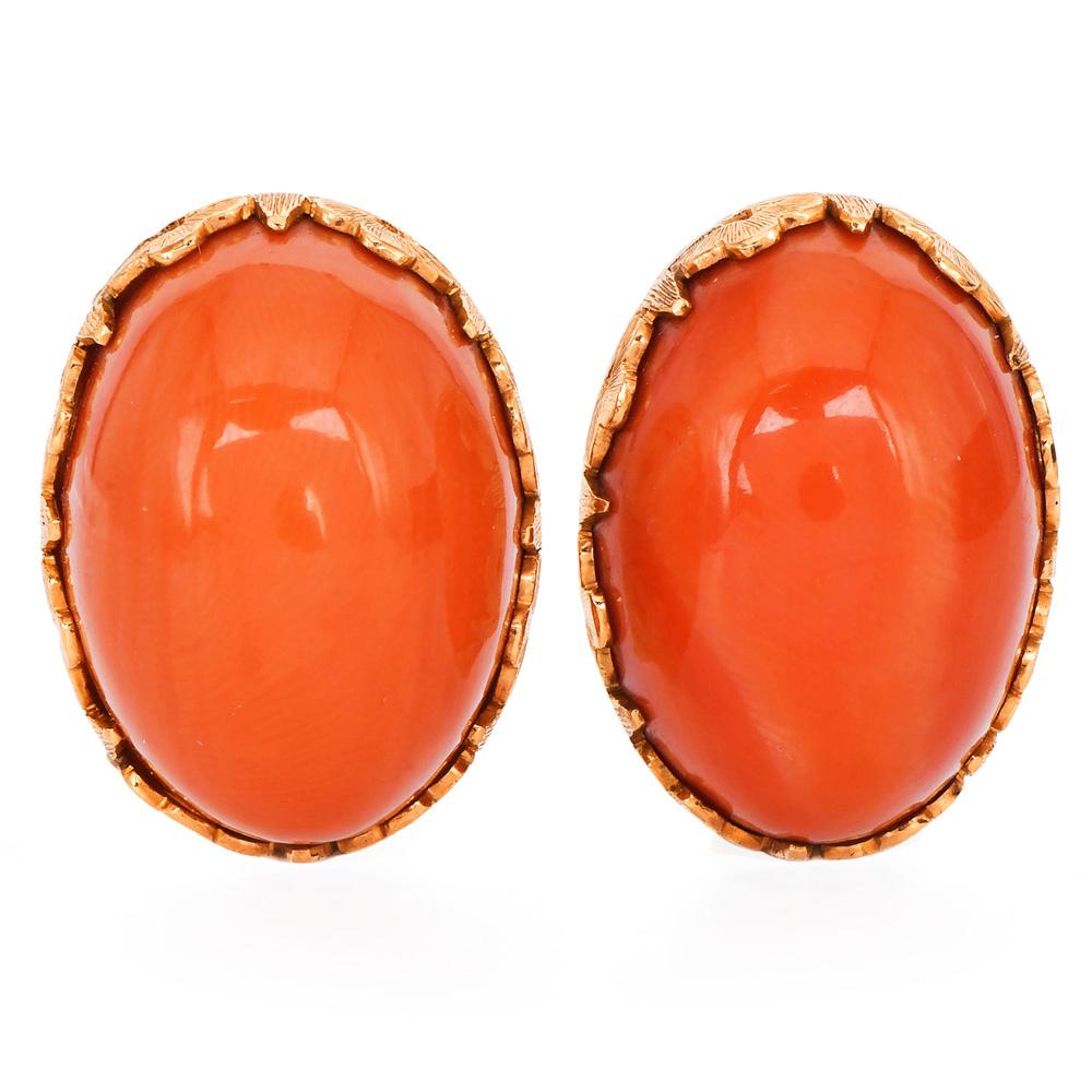 Mario Buccellati Coral Vintage 1960s 18K Gold Oval Statement Earrings For Sale 1