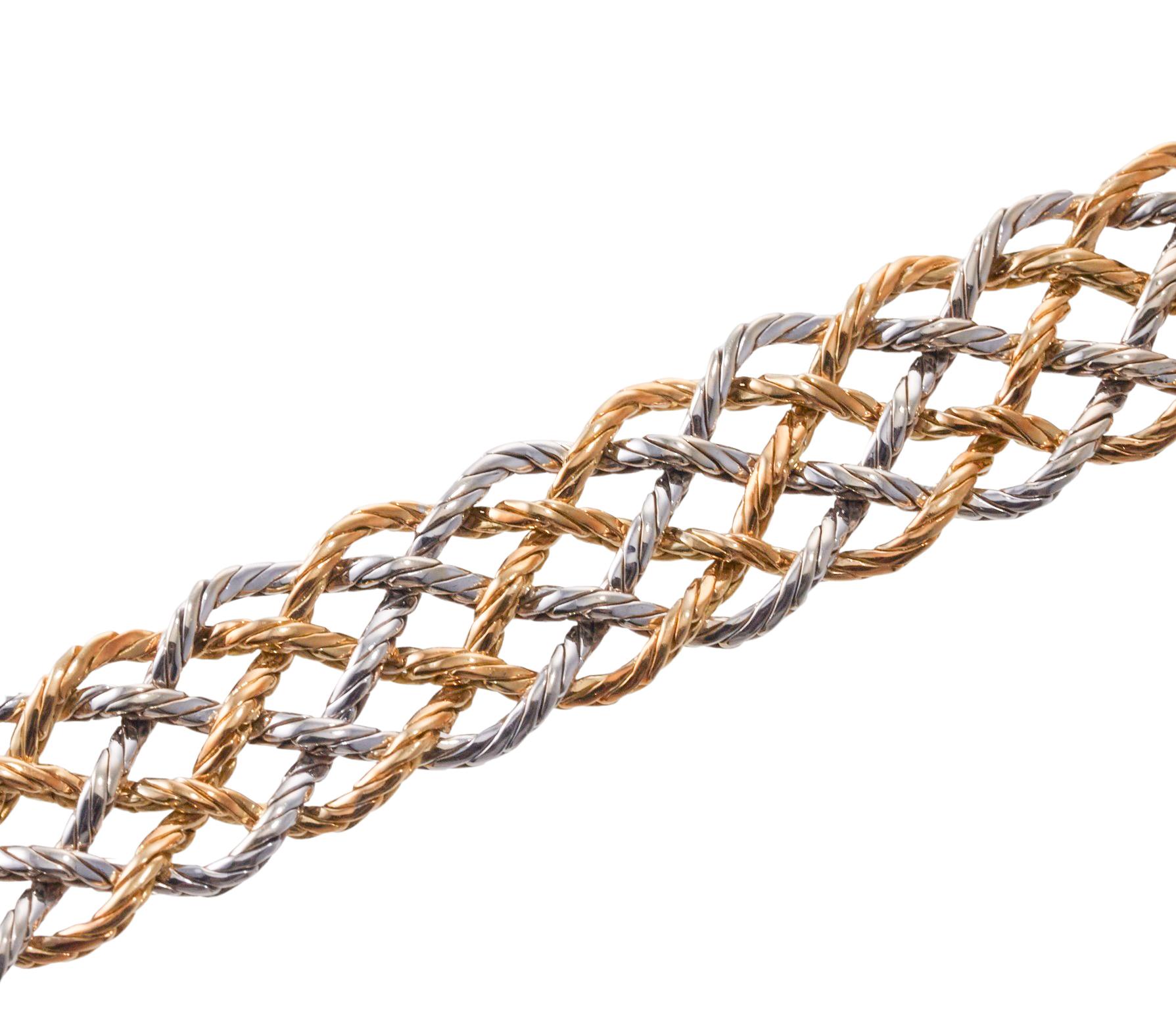 Mario Buccellati Crepe de Chine Two Color Gold Openwork Bracelet In Excellent Condition In New York, NY