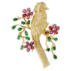 Mario Buccellati Diamant-Rubin-Smaragd-Vogelbrosche aus 18 Karat Gold