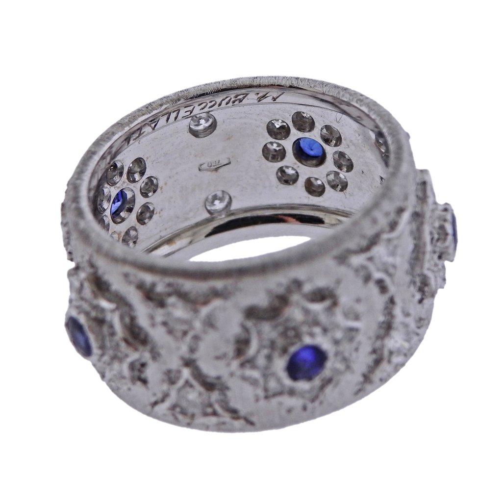 Mario Buccellati Diamond Sapphire White Gold Wide Band Ring In Excellent Condition In Lambertville, NJ