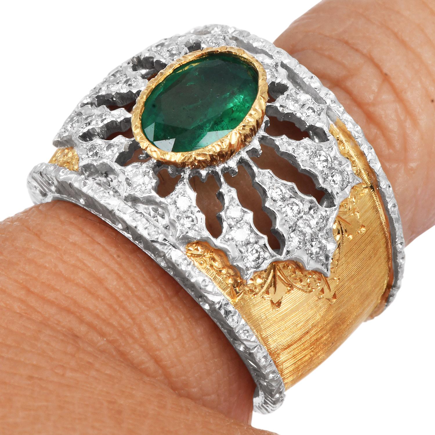 Mario Buccellati Emerald Diamond 18K Wide Statement Ring For Sale 5