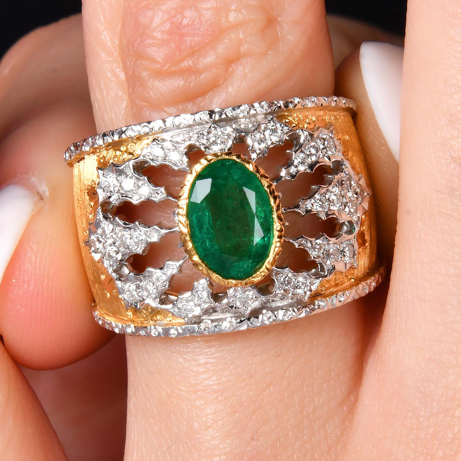 Mario Buccellati Emerald Diamond 18K Wide Statement Ring For Sale 6