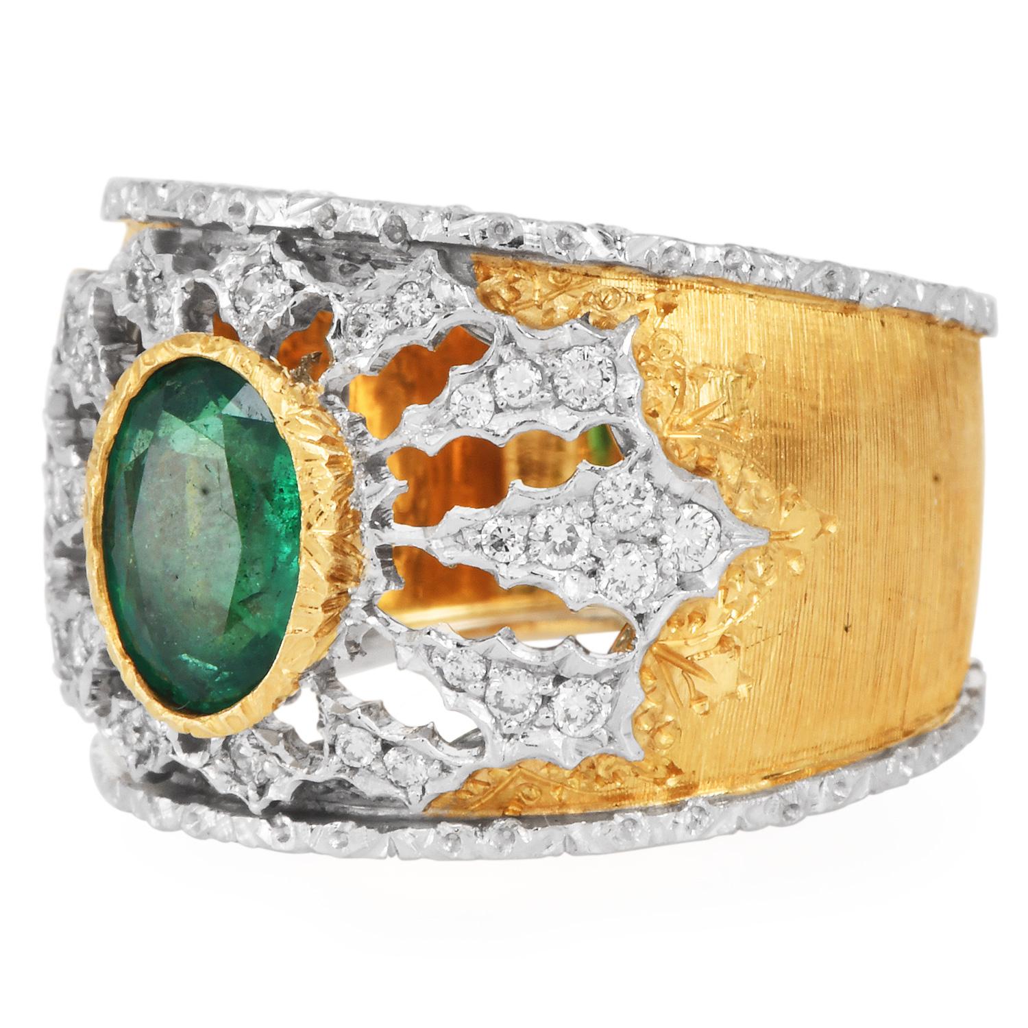A statement piece by renowned Italian house Mario Buccellati, this mid-century ring showcases the brand's iconic craftsmanship. At its heart lies a vibrant oval-cut emerald, bezel-set in 18K yellow gold and surrounded by a lace-like openwork of