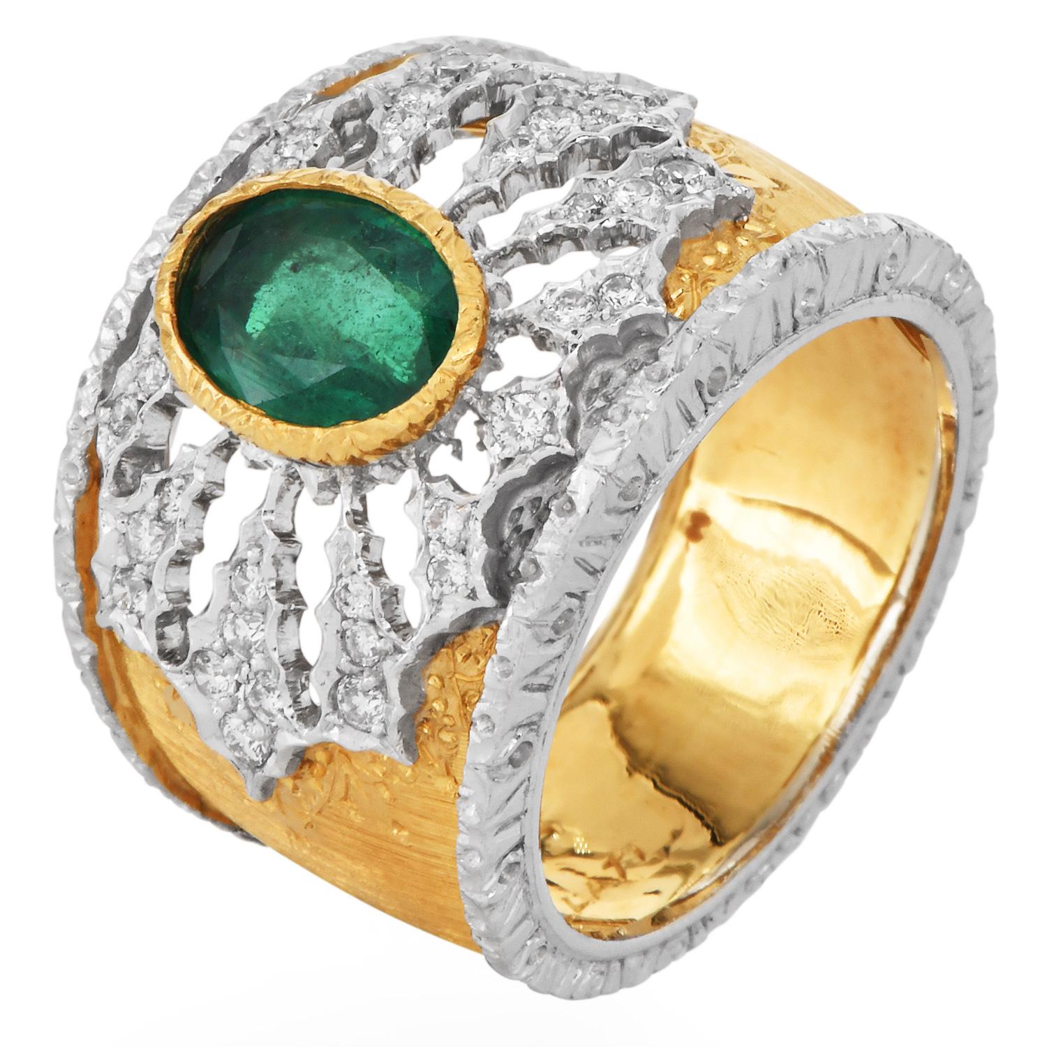 Women's Mario Buccellati Emerald Diamond 18K Wide Statement Ring For Sale