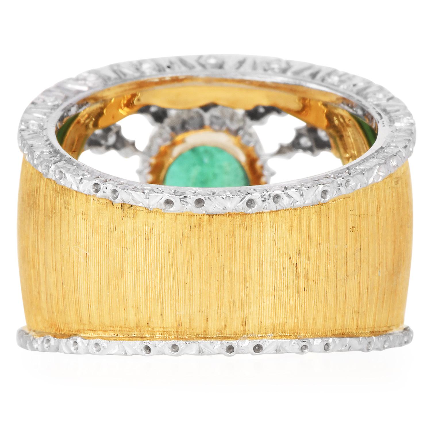 Mario Buccellati Emerald Diamond 18K Wide Statement Ring For Sale 1