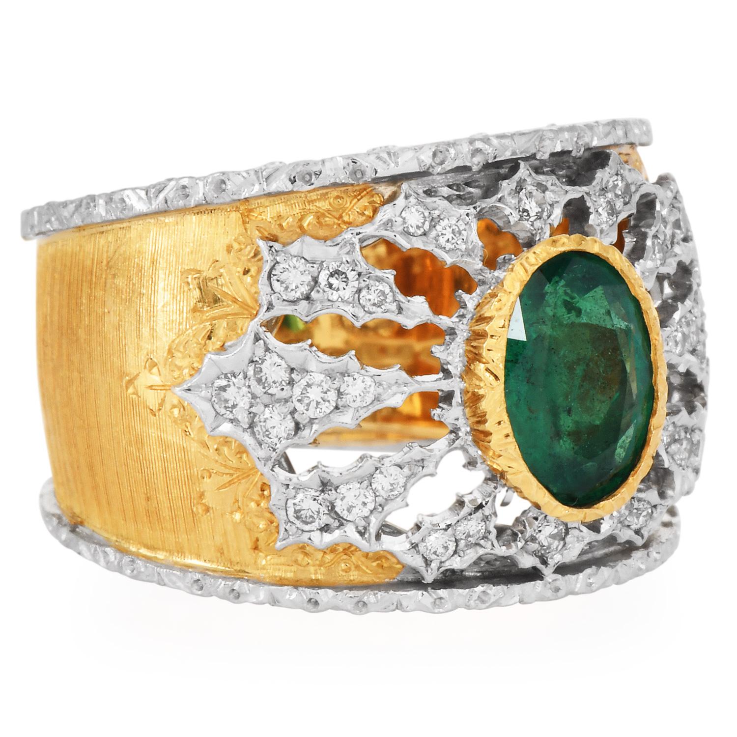 Mario Buccellati Emerald Diamond 18K Wide Statement Ring For Sale 3