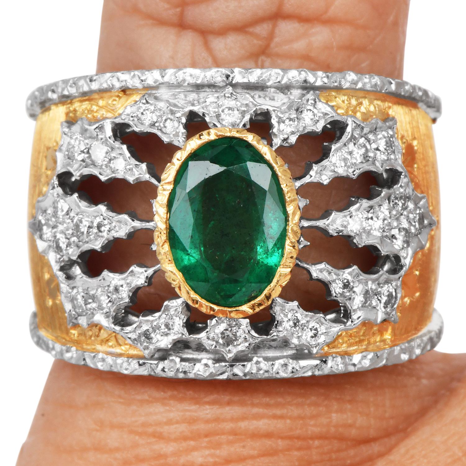 Mario Buccellati Emerald Diamond 18K Wide Statement Ring For Sale 4