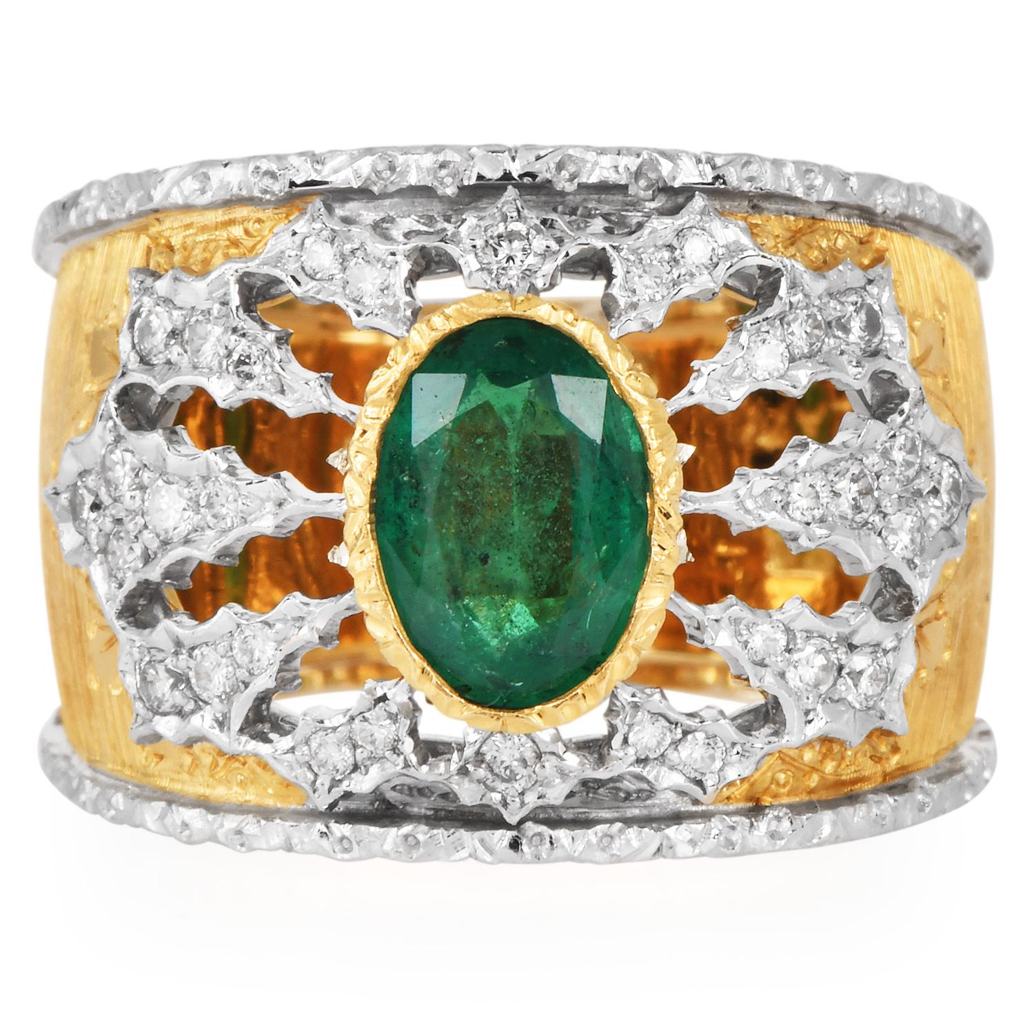 Mario Buccellati Emerald Diamond 18K Wide Statement Ring For Sale