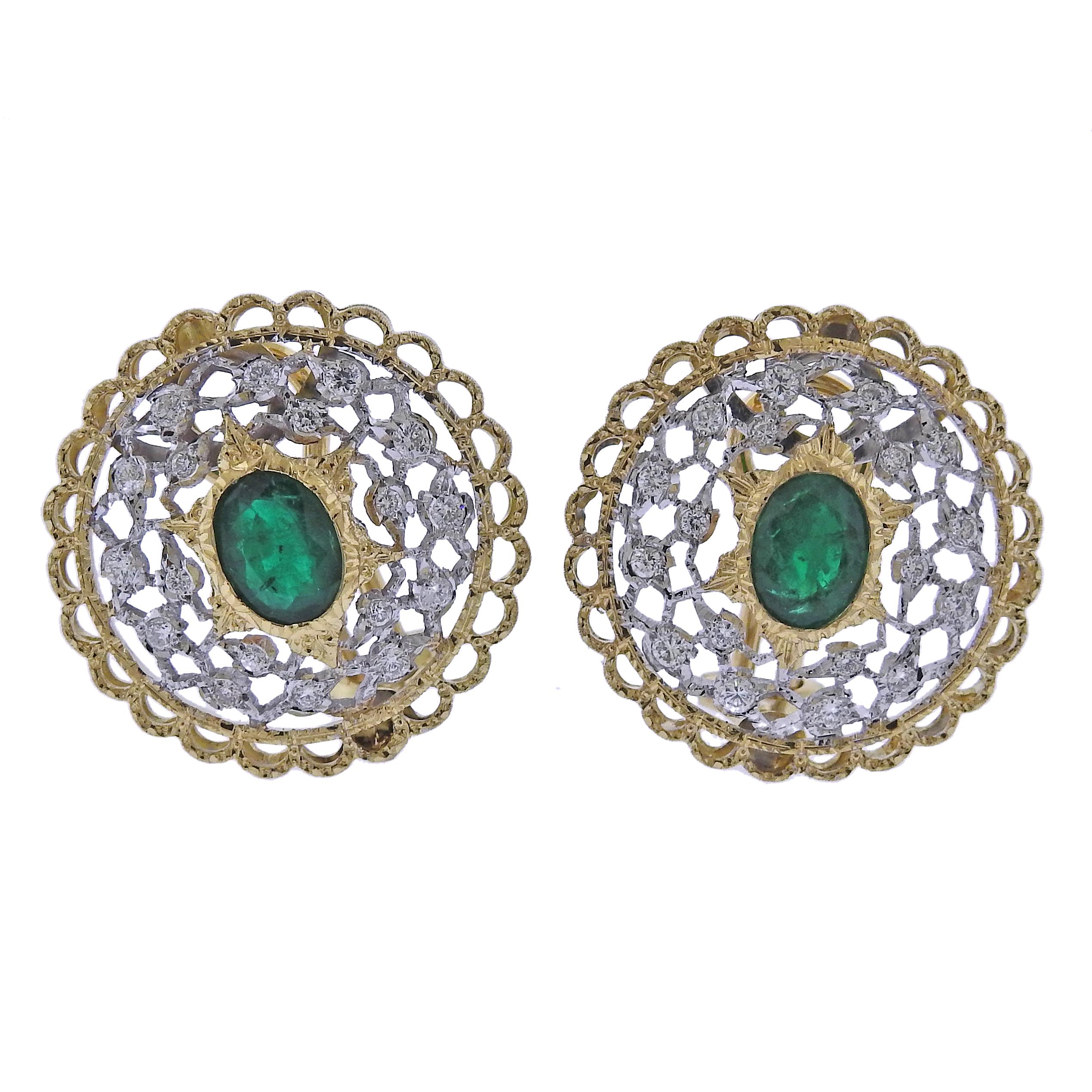 Mario Buccellati Emerald Diamond Gold Earrings For Sale
