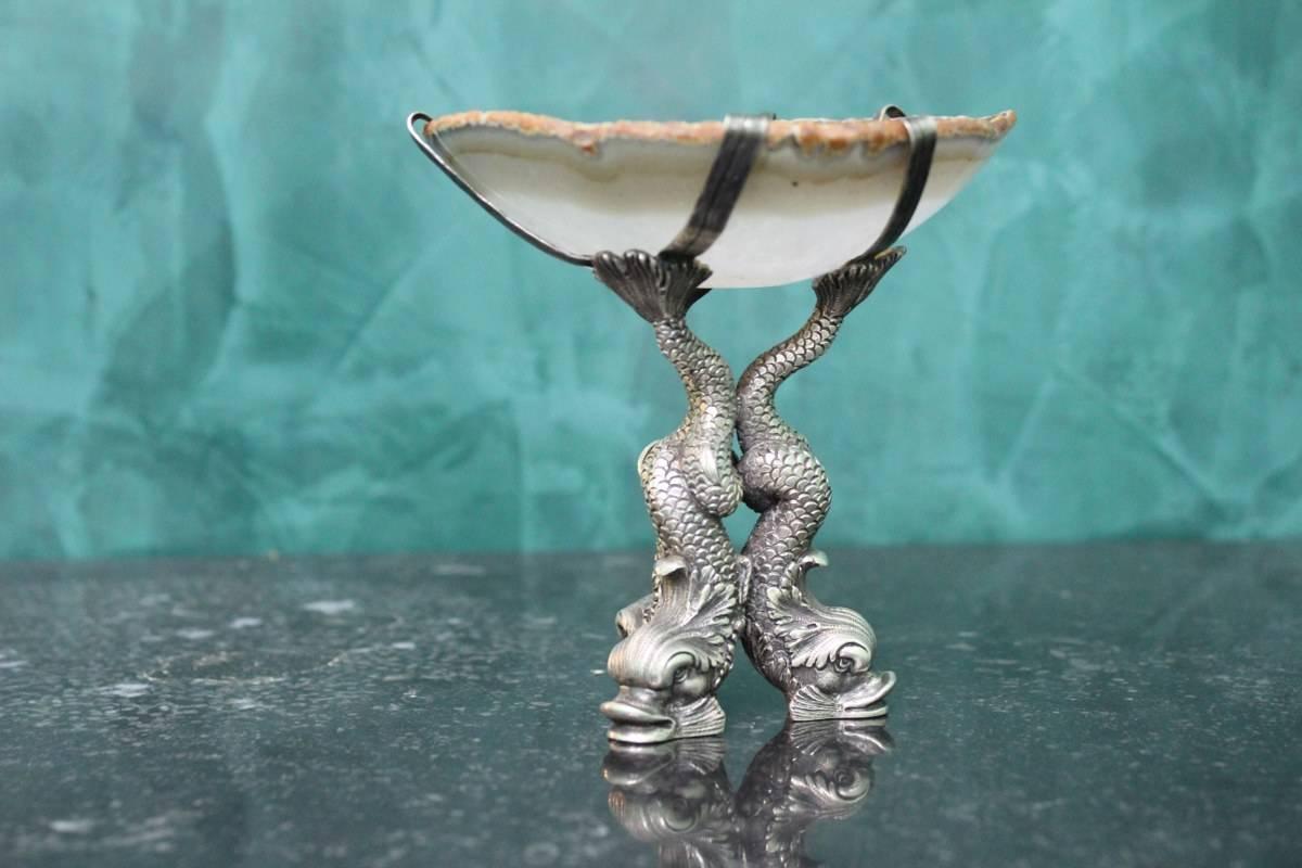 Rococo Revival Mario Buccellati Engraved Sterling Silver and Agatha Italian Stand, 1970s For Sale