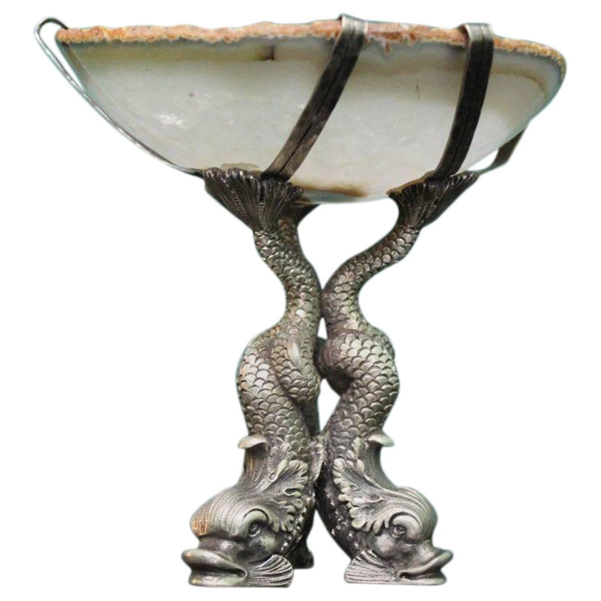 Mario Buccellati Engraved Sterling Silver and Agatha Italian Stand, 1970s For Sale