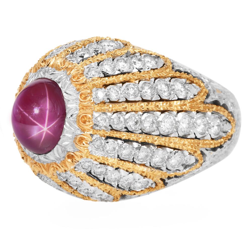 Mario Buccellati Bague cocktail avec dôme en diamant et rubis de Birmanie certifiée GIA - Platine et or 18 carats

Véritable chef-d'œuvre de l'artisanat italien, cette bague de cocktail Mario Buccellati incarne le dévouement de la légendaire Maison