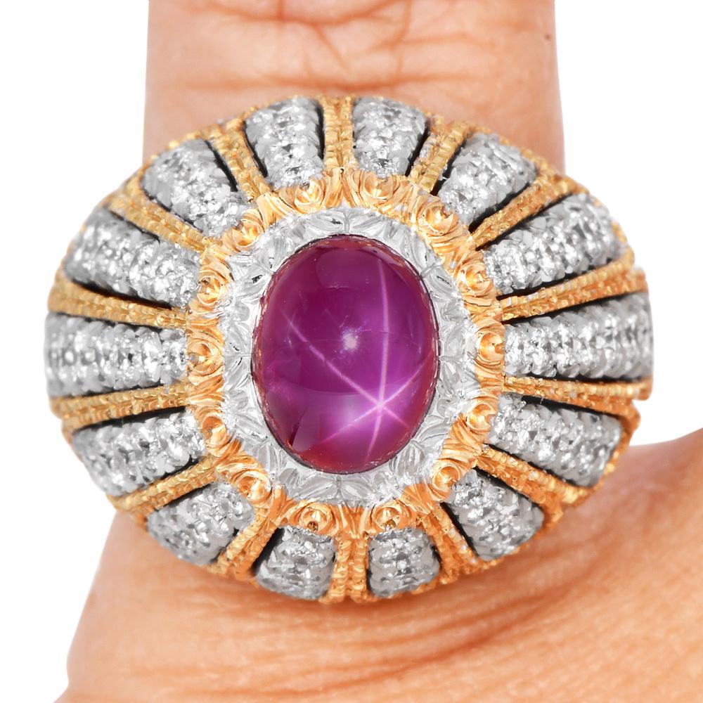 Rétro Mario Buccellati Bague en platine GIA à dôme en rubis de Birmanie et diamants en vente